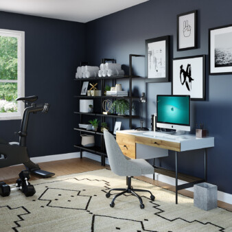 Office and work-out space combined in an elegant and clean design. Walls are painted in a dark navy blue with white ceiling, window frame and baseboards. Computer desk is all white, with drawers in light-colored wood matching the floor. Artwork on the wall in front of computer desk is all black and white with black frames. Wall unit is made out of black metal and wood. Exercise bicycle and weights are neatly placed by the window.